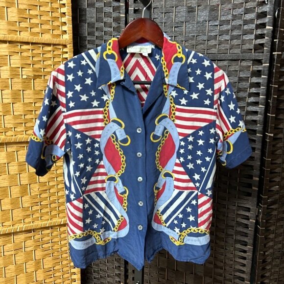 Spencer Jeremy Womens Vintage Blouse Small Blue Printed Silk Flag and Chain - Picture 4 of 7